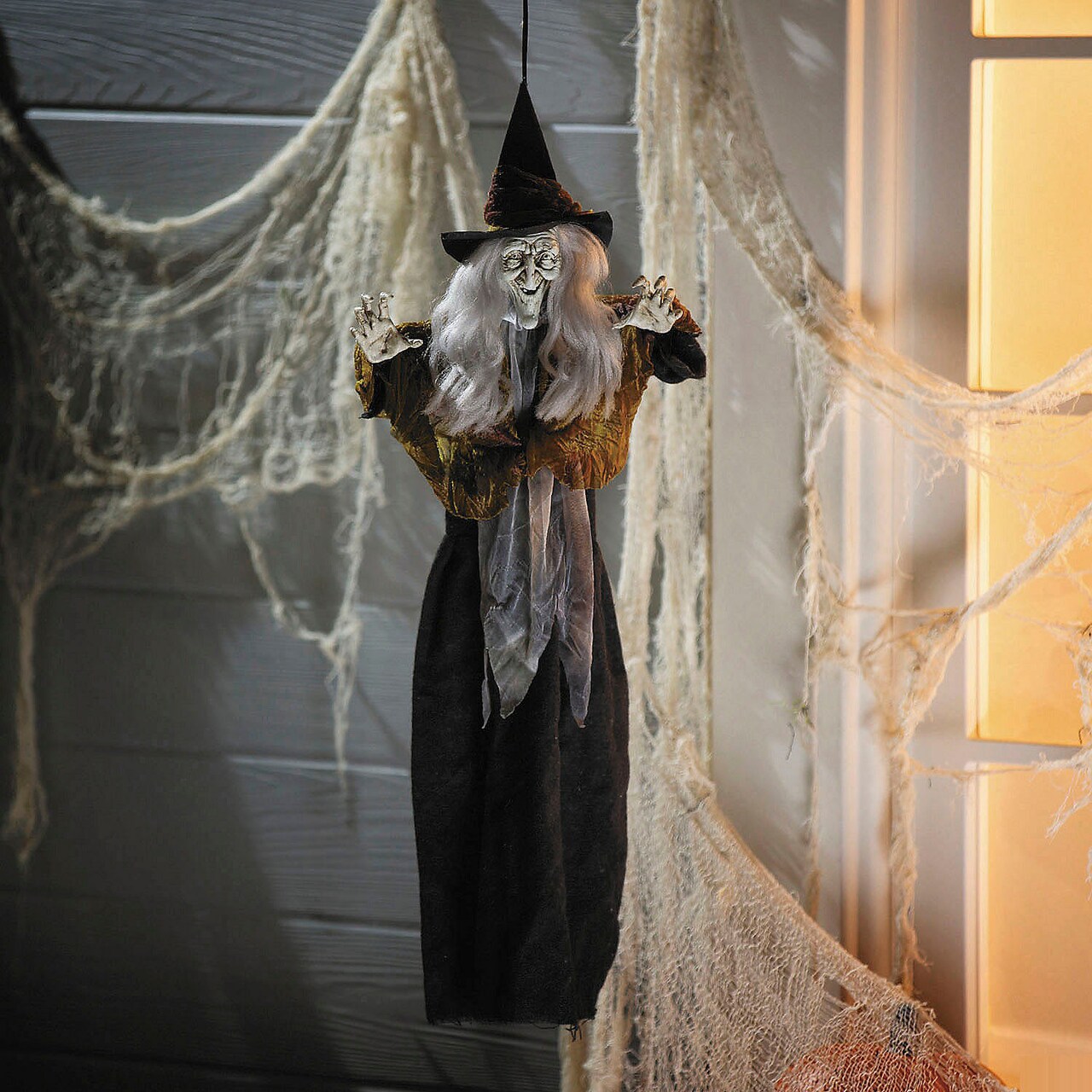 27 1/2" Hanging Smiling Witch with Gray Hair Halloween Decoration